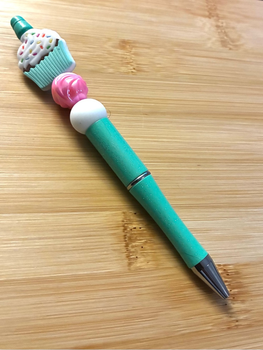 Cupcake Top Glitter Teal Pen with Pink and White Beads